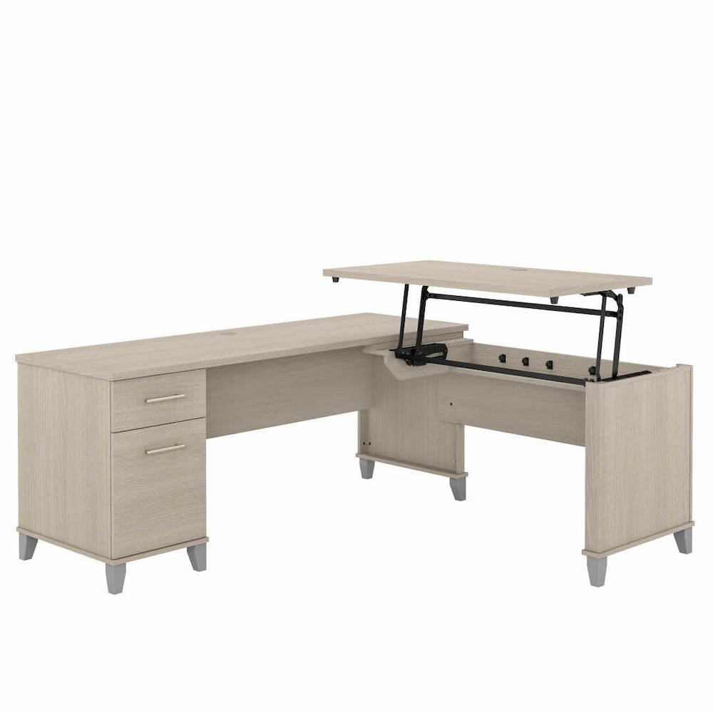 Sit and stand desk sit and stand corner desk l shaped height adjustable desk sand oak angle view