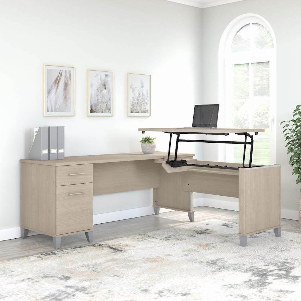 Sit and stand desk sit and stand corner desk l shaped height adjustable desk sand oak space view