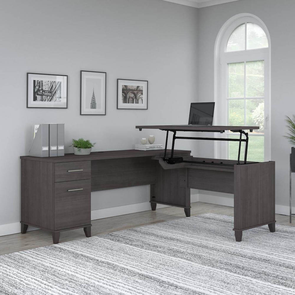 Sit and stand desk sit and stand corner desk l shaped height adjustable desk storm gray space view