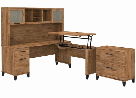 Sit and stand desk sit and stand corner desk standing desk with storage fresh walnut angle view Sit and stand desk sit and stand corner desk standing desk with storage fresh walnut angle view