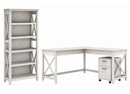 Western l shaped desk with 5 shelf wooden bookcase highlight linen white oak