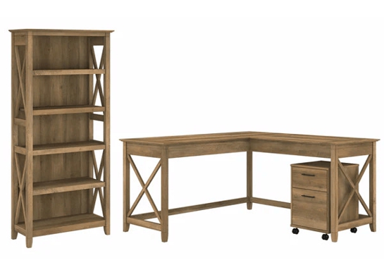 Western l shaped desk with 5 shelf wooden bookcase highlight reclaimed pine