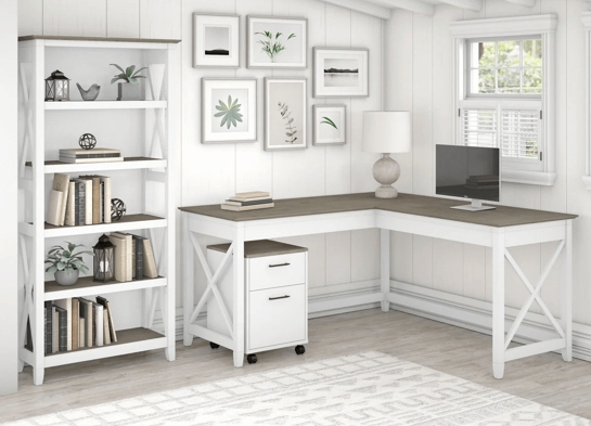 Western l shaped desk with 5 shelf wooden bookcase space view shiplap gray pure white