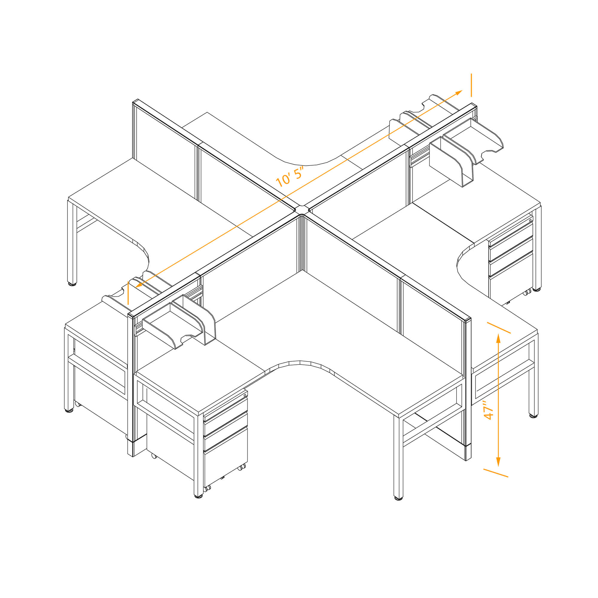 4pack office workstation non powered with storage dimensions