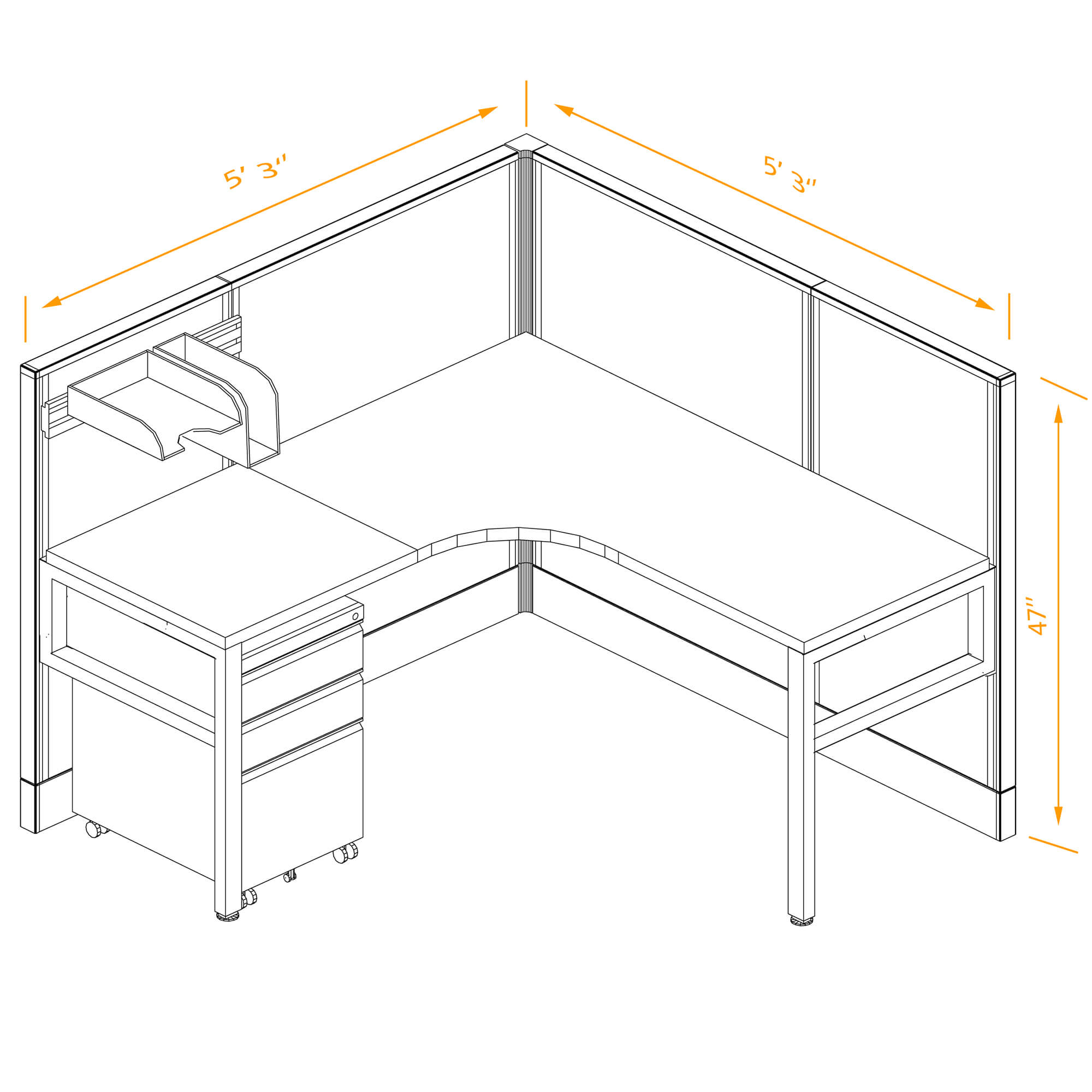 Office workstation non powered with storage dimensions
