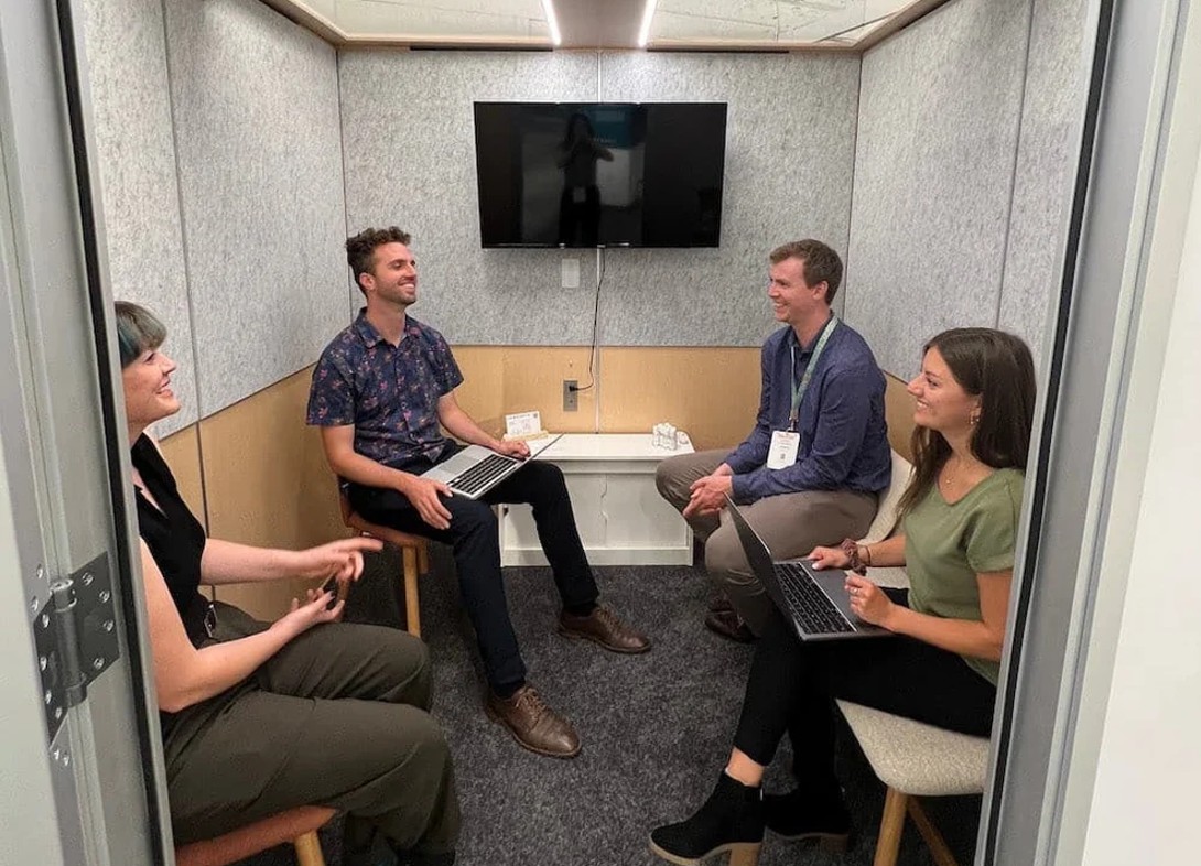 Zen four person office phone booth inside view Zen four person office phone booth inside view
