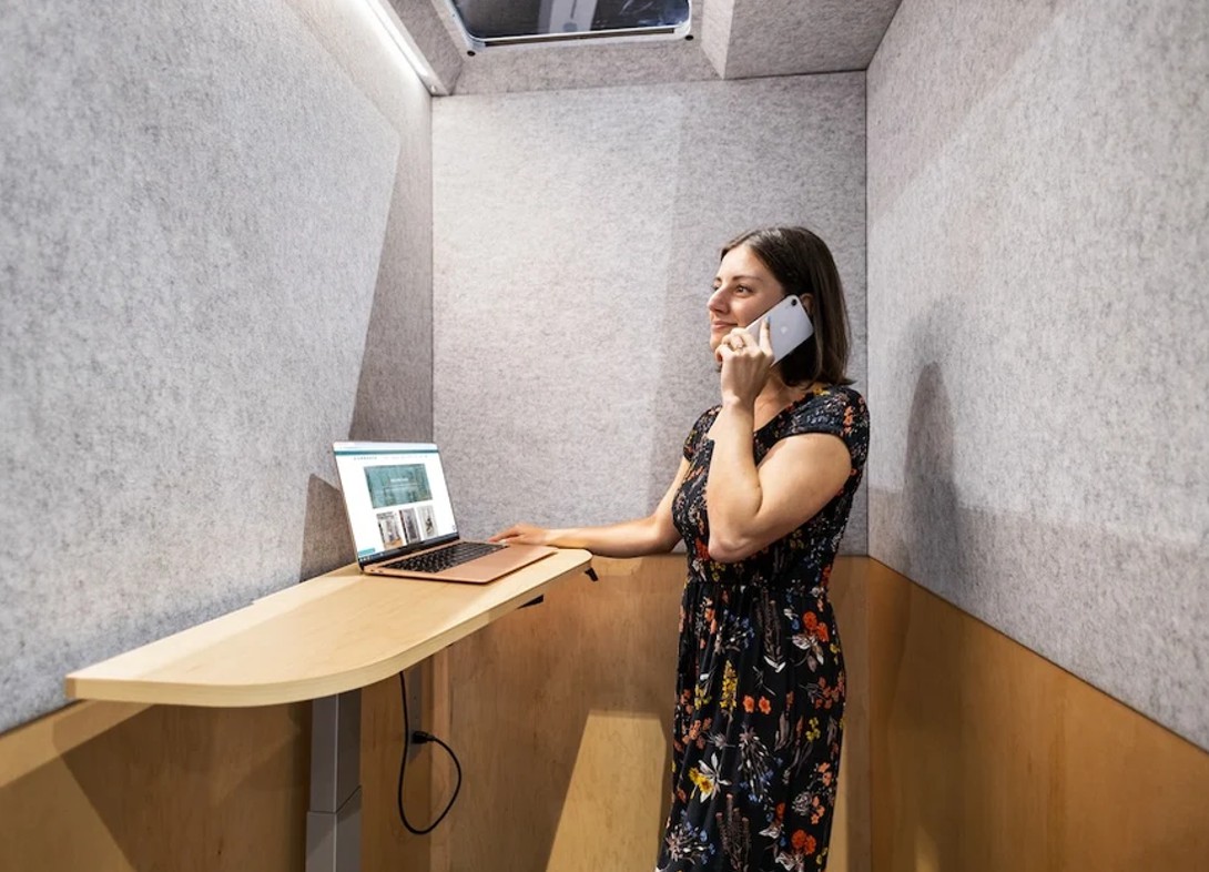 Zen pro single person office phone booth inside view Zen pro single person office phone booth inside view
