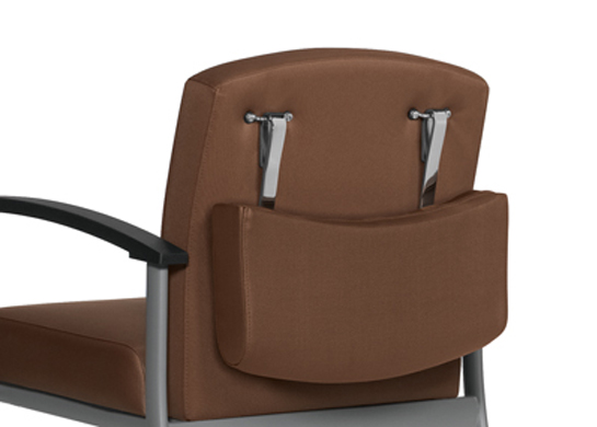 This medical chair has a non-removable, split high back that provides clearance for caregiver to safely assist patients.