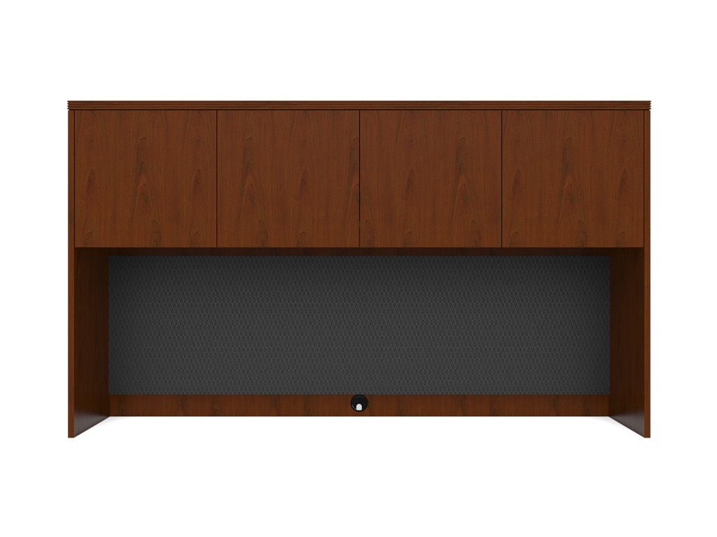 Wood office desk from Cherryman - hutches can be accessorized with grey fabric tackboards.