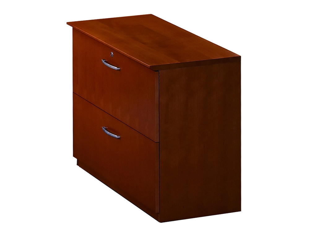 This Wood office desk from Mayline features a file-file lateral file, which accommodates letter and legal sized hanging file folders and includes counter-weight for stability when in use.