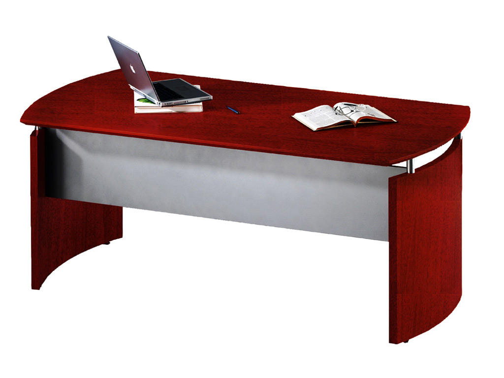 This Wood office desk from Mayline is based on the 63"W main desk unit with curved base panels, a hanging silver modesty, and a floating desktop sitting on metal standoffs.