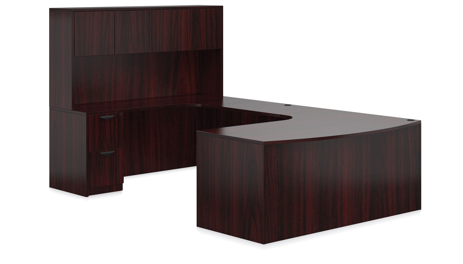 Affordable Office Furniture Desks from OTG - Shown in American Mahogany woodgrain