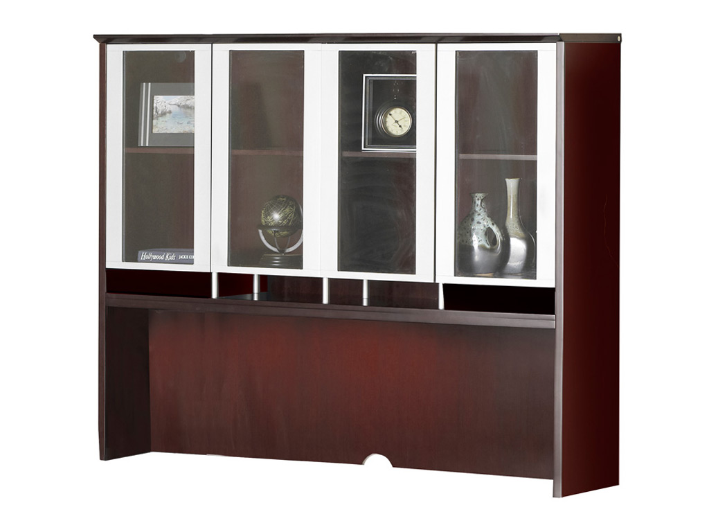The Wood office desk from Mayline pictured includes a hutch that features clear glass doors with silver frames and provides 19 3/4"H clearance below shelf.