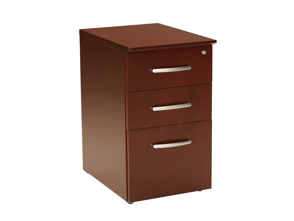 The Wood office desk from Mayline pictured includes a pedestal. Its drawer interiors finished to match exterior veneer. Drawers operate smoothly using full-extension ball-bearing suspensions.