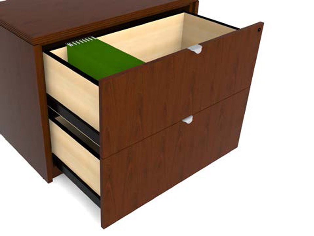 All pedestal and lateral drawers in this Wood office desk from Cherryman have unfinished interiors and include a front mounted gang lock. All units are keyed alike. Requests for different keying can be accommodated for an upcharge.