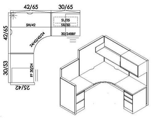 Used cubicles with Low/High Panel Combos from Steelcase - 2D & 3D schematics