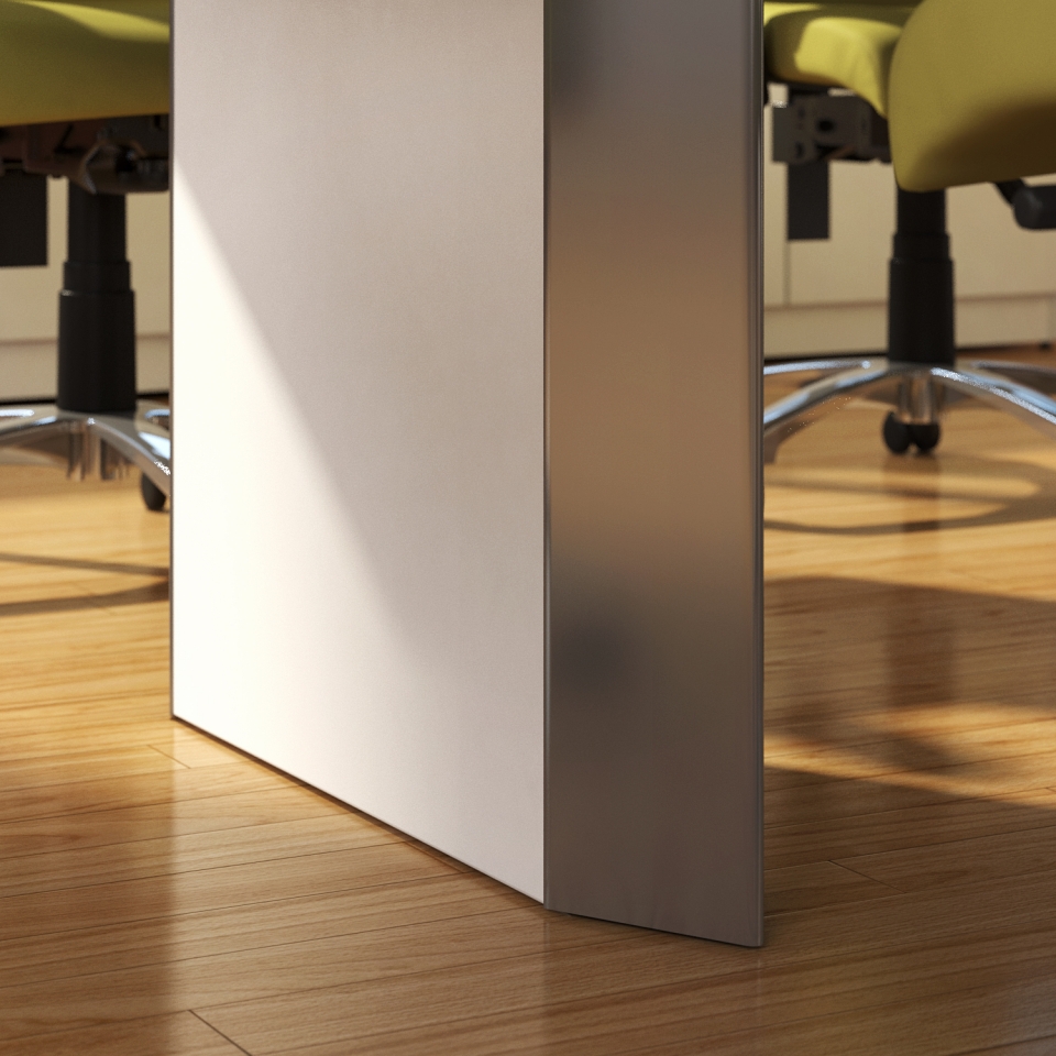 The bases for the boardroom furniture from Logiflex can be customized with 7 different options, including aesthetic design, power access doors, and color accents