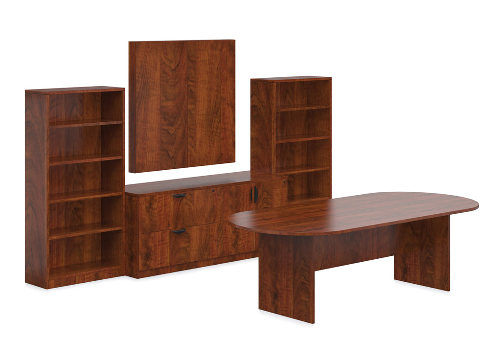 Affordable Office Furniture Tables from OTG - Shown in American Dark Cherry Woodgrain