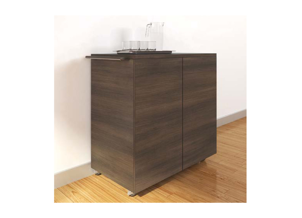 The collection of boardroom furniture from Logiflex includes a mobile service cart, which has doors with spring-loaded latch, horizontal wood grain on doors and sides, ventilation opening and grommet at the bottom. The collection of boardroom furniture from Logiflex includes a mobile service cart, which has doors with spring-loaded latch, horizontal wood grain on doors and sides, ventilation opening and grommet at the bottom.
