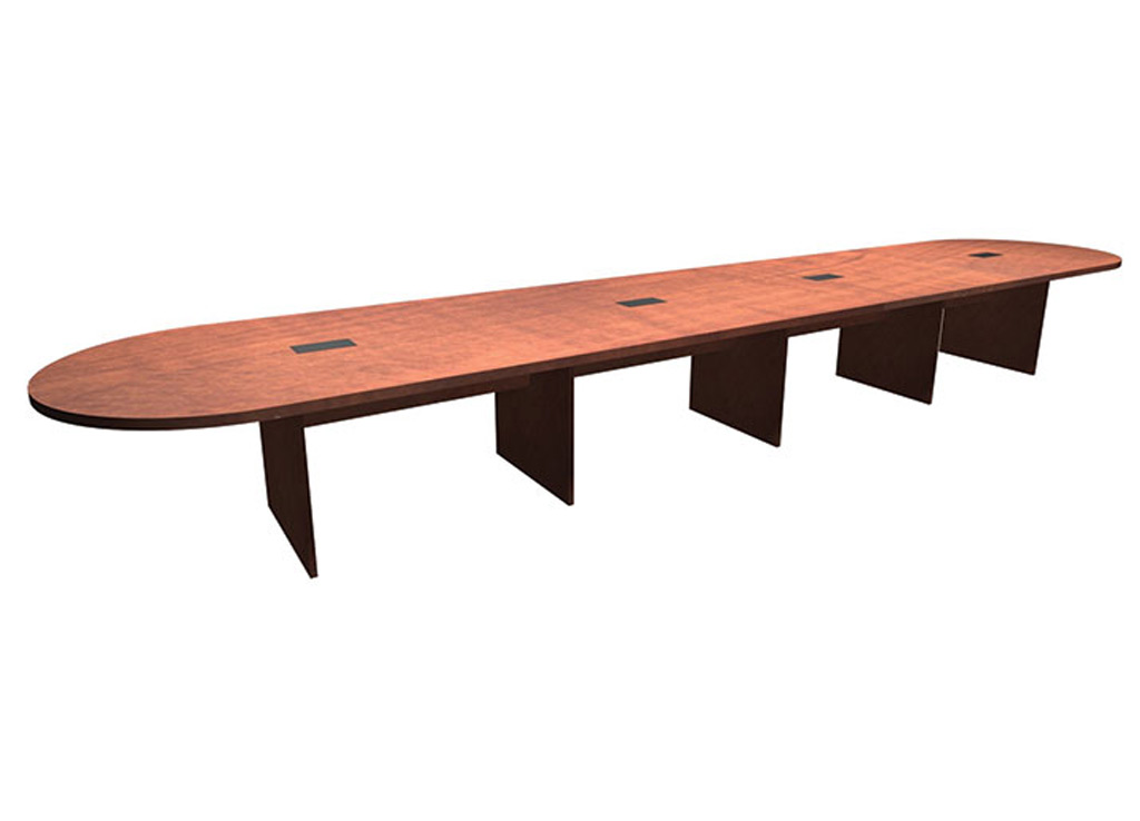 These boardroom tables from Office Source include four piece top and four grommets. This table's length is 20'.