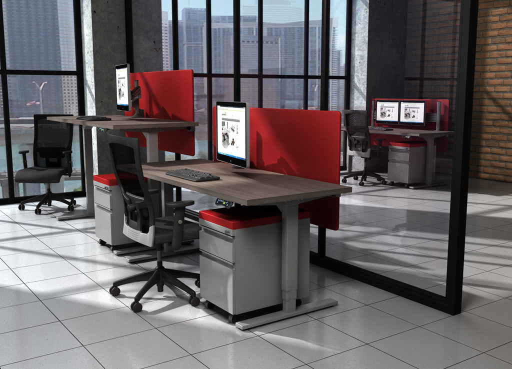 Sit and Stand Desk Bases from Symmetry Office - Amplify your office space by adding tech accessories and vivid color options to your standing height desk (worktop and accessories priced separately)