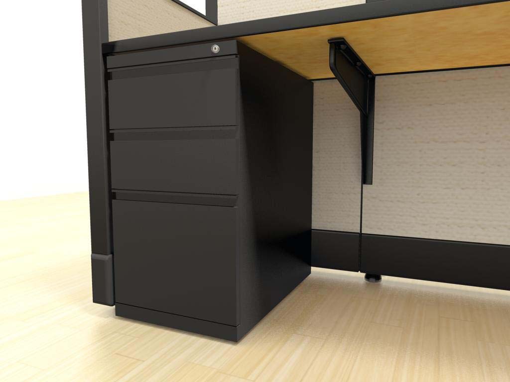 Large L Desks 6x8 and 8x8 - a "box-box-file" pedestal is an under-surface storage solution that includes two small drawers (for papers, pencils, etc.) and one larger drawer for hanging files. Lock and key come standard.