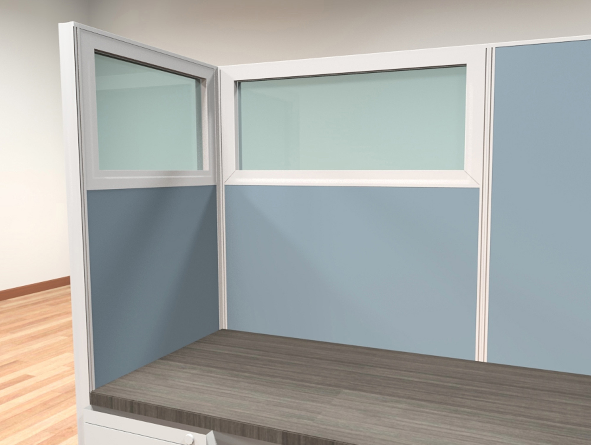 8x8 modular workstations from AIS - Glass tiles strategically placed within a cubicle cluster provide both function and aesthetic appeal.